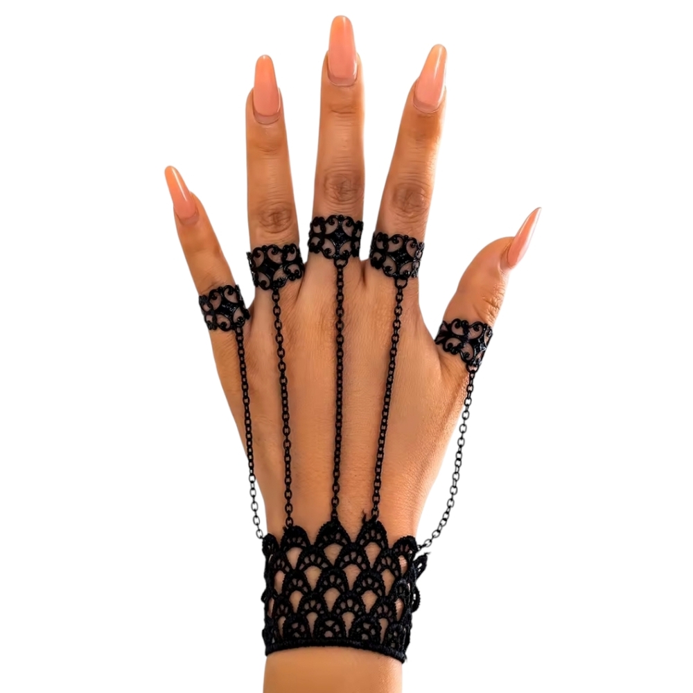 Black Lace Chain Bracelet with Connected Rings. Adjustable. One Size